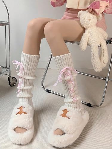 COZYEASE Women's Y2k Bow Tie Side Leg Warmer Solid Party Ribbed Knit Warm Leg Cover Socks4