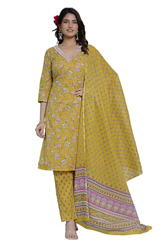 Image of MIRCHI FASHION Pure Cotton Women Straight Printed Embroidery Work Kurti Set with Dupatta and Pant