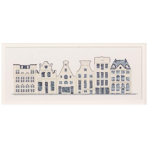 Image of Thea Gouverneur - Counted Cross Stitch Kit - Delft Blue Houses - Aida - 18 Count - Embroidery Kit for Adults - DMC Embroidery Threads and Other Cross Stitch Supplies Included - 552A