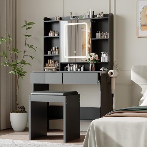 GarveeHome Vanity Desk with Mirror and Lights, for Bedroom,Adjustable 3 Color Lights Modes,Includes Padded Stool, Makeup Table Set with Hidden Storage Shelves, USB Outlets, Hairdryer Holder