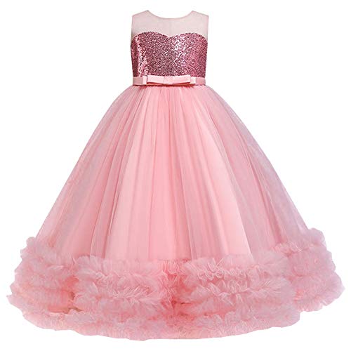 Girls Sequins Tulle Dress Sleeveless Bowknot Birthday Prom Princess Wedding Pageant Communion Party Long Ball Gown