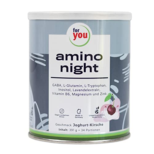 for you amino night Joghurt-Kirsche - Pulver für die Nacht mit GABA, Lavendel, L-Glutamin, L-Tryptophan & Inositol - 391g (34Portionen) versetzt mit Magnesium, Zink & Vitamin B6 - vegan, ohne Zucker