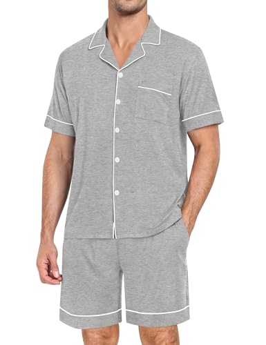 Image of SWOMOG Mens Pajama Set Short Sleeve 2 PCS Sleepwear Button Down Soft Loungewear Modal Set Pj Set with Pockets S-3XL
