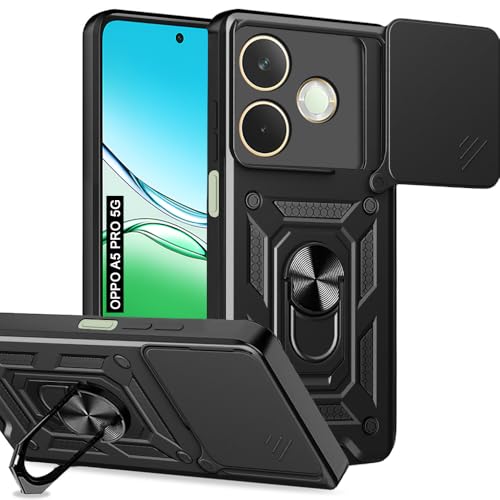 Image of AESTMO Tough Armor Oppo A5 Pro 5G Bumper Back Case Cover | Ring Holder & Sliding Camera Shield Cover | 360 Degree Protection Back Case Cover for Oppo A5 Pro 5G (Black)