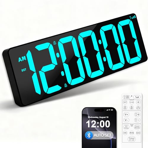 TXL 17.2 Bluetooth Digital Wall Clock with Seconds Large Countdown Timer for Classroom Home Gym Kitchen Office Alarm Clock with Remote Control 4 Dimmable Brightness Auto DST (Ice Blue)