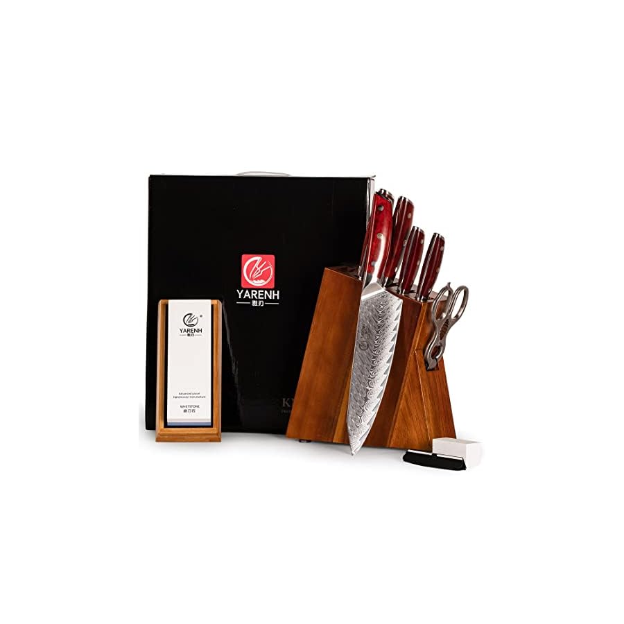 YARENH-Knife-Block-Set-8-Piece-Damascus-Chef-Knife-for-Kitchen-with-Sharpener-Stone-High-Carbon-Stainless-Steel-67-layersFull-Tang-Dalbergia-Wooden-Handle-Professional-Forged-Handmade YARENH 8-Piece Kitchen Knife Set with Block,Damascus Chef Knife, 67-Layer High Carbon Stainless Steel,Sharp Rust-Resistant Blades,Sandalwood Handle
