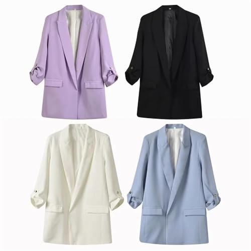 Women's Casual Pleated Sleeve Buttonless Solid Color Blazer Loose Jacket Comfortable Lightweight Blazer2