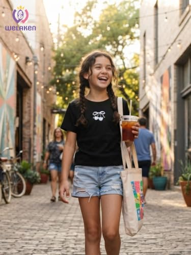 Image of WELAKEN Girls Soft T-Shirt with Curved Hem, Breathable Stretchy Rayon Crewneck Short Sleeve Tees, Kids Everyday Basic Top