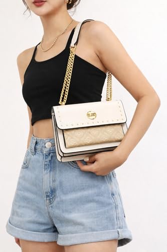 Image of Diva Dale MKF Crossbody Bag, White with Gold Chain Strap, Studded Design, Signature Logo