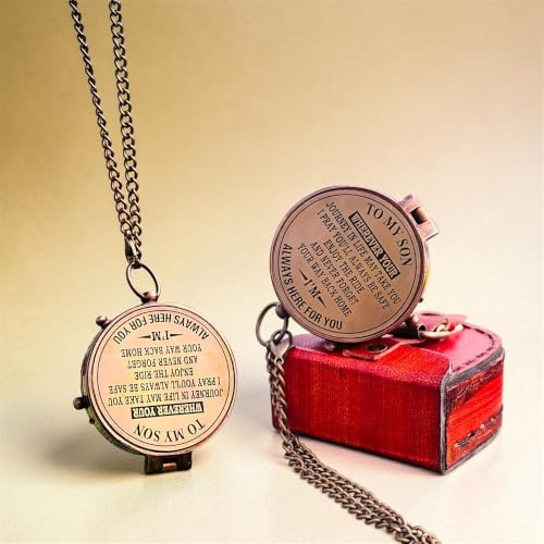 Brújula de bolsillo vintage de latón con grabado para hijo, con estuche de cuero y cadena - regalo inspirador funcional miniatura 2