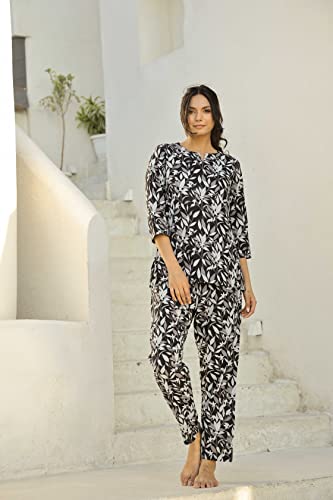 Image of SANSKRUTIHOMES Women's Premium 100% Cotton Printed Co-Ord Set | Short Sleeve Shirt & Pant Set | Pink Checkered Sun & Palm Tree Print | Casual Summer Resortwear, Vacation Wear & Comfortable Loungewear
