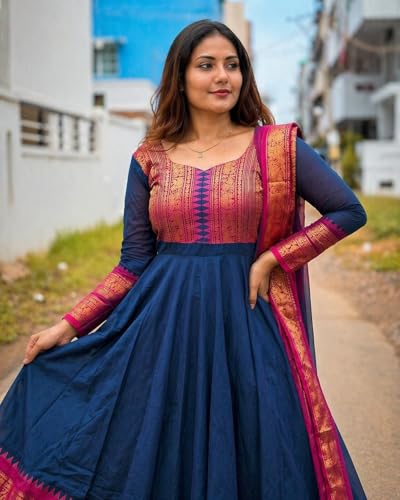 Image of Women's Vichitra Silk Anarkali Gown with Dupatta, Navy Blue Flared Traditional Dress with Magenta Zari Border, Jacquard Weaving Full Sleeves Ethnic Suit