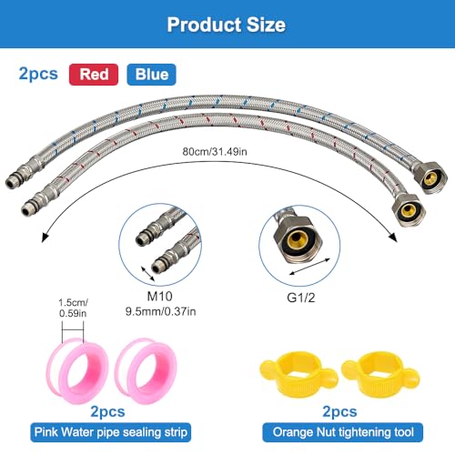 2 Stück 80cm Wasserhahn Anschlussschlauch G1/2 X M10, Warm und Kaltwasser Wasserhahn Anschluss Verlängerung mit Dichtungsband, Edelstahl Geflochtener Flexschlauch Armatur Geeignet für Küchen und Bäder