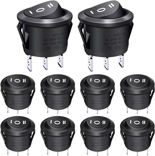 Taiss 10Pcs Round Rocker Switch Black AC 250V/10A 125V/12A SPDT 3 Pin 3 Position on off on switch Latching KCD1-5-103-BK