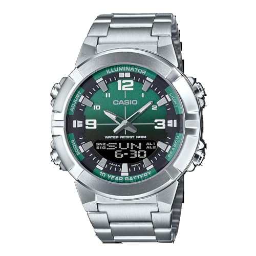 Image of Casio AMW870DA-3AV Men's Stainless Steel Green Dial Analog Digital Dual Time Zone Watch