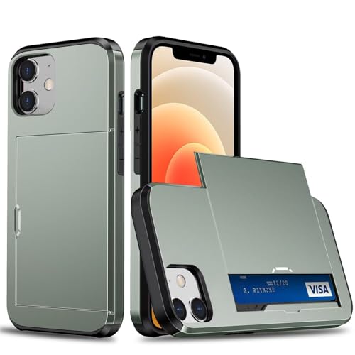 xinyunew Coque Portefeuille pour iPhone 11 avec Porte-Cartes, Étui de Protection Téléphone Double Couche Antichoc, Fente Cachée Coulissante, Antichoc TPU+PC Housse Portefeuille - Vert Militaire