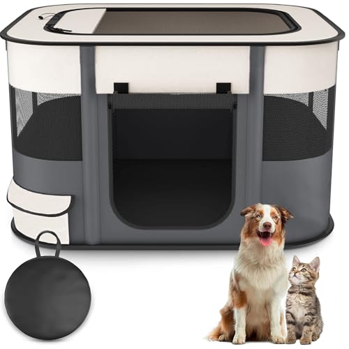 Floving Niche Portable pour Animaux domestiques 80 x 60 x 55 cm,Pliable,Rectangulaire,Niche pour Chat,Niche fermée,avec Sac de Transport (Gris)