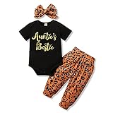 Newborn Baby Girl Clothes Set Auntie‘s Bestie Romper Leopard Long Pants Headband Outfit Set 3Pcs