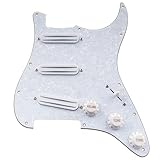 Musiclily 11-Hole SSS Prewired Loaded Pickguard with Dual Hot Rail High Output Pickups Set for Fender Squier Strat Electric Guitar, 4Ply White Pearl