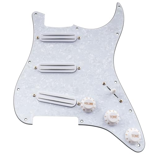 Musiclily 11-Hole SSS Prewired Loaded Pickguard with Dual Hot Rail High Output Pickups Set for Fender Squier Strat Electric Guitar, 4Ply White Pearl