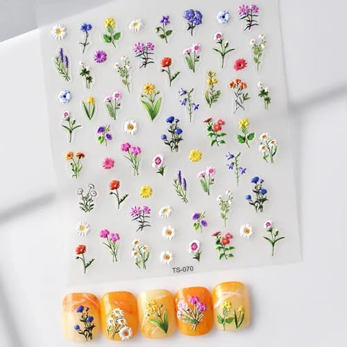 3D Nail Art Stickers - Spring Summer Flowers, Daisy, Fern Leaf Designs (Matte)