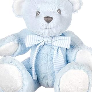 Suki Baby Hug-a-Boo Super Soft Plush Bear with Rattle in Tummy and Striped Cotton Bow (Small, Blue)