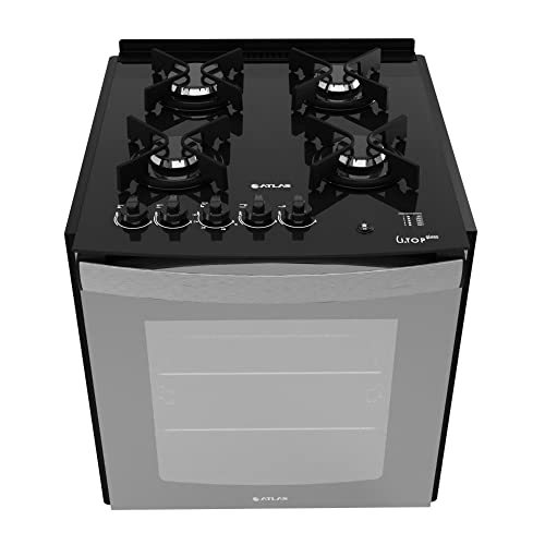 Fogão de Embutir 4 Bocas Preto com Frente em Vidro Espelhado e Mesa de Vidro Atlas U.top Glass Style