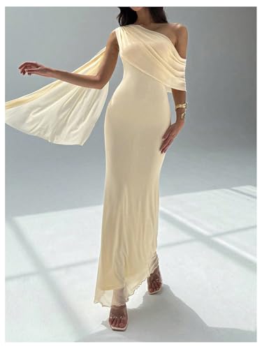 Milumia Women's Asymmetrical Neck Mesh Maxi Dress Short Sleeve Ruched Bodycon Cocktail Wedding PartyDresses4