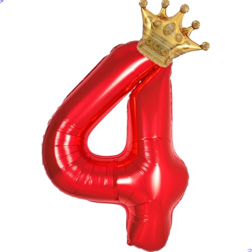 Image of Descendants Rise of Red 4 Balloon Number Red Birthday Decorations Crown Balloons Foil Mylar Large 40 inch 4 Birthday Balloon for Girls Women Boys Men 4th Party Decorations(Number 4 balloons)