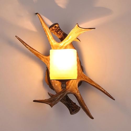 YXTSIMV Fashion Retro Resin Antler Wall Light Sconce Frosted Glass Shade Wall Lantern American Country Style Wall Lamp Restaurant Bar Cafe Decor Lighting Indoor and Outdoor