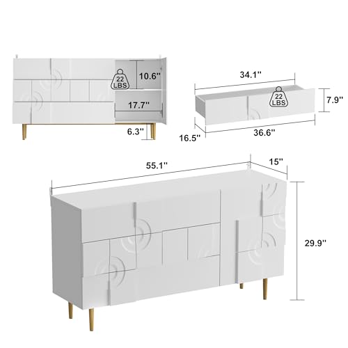 Ecacad 55.1 Inch L Contemporary Sideboard Buffet Storage Cabinet With Shelves & Carved Drawer Fronts thumb #1