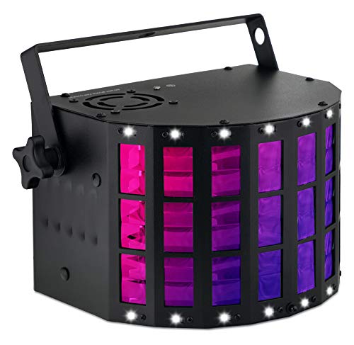 Showlite DS-3 LED Derby Luz Híbrida con Estroboscopio RGBW para fiestas, bares y DJs. Proyector con control DMX y micrófono para sincronizar con música.