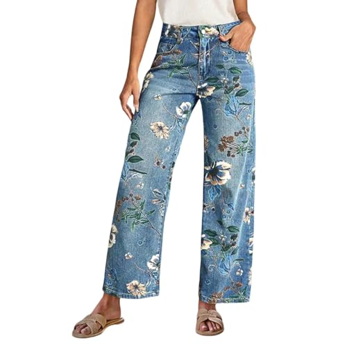 Womens Floral Embroidered High Waist Wide Leg Jeans Loose Straight Denim Pants with Pockets Y2K Ankle Length Blue
