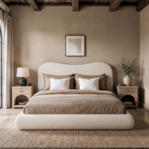 Image of RECCI AirFrame Queen Upholstered Bed Frame with Camelback Curved Headboard | Camelback Curved Headboard, 360 Soft Foam Surround, Low Profile Cloud Bed Frame, No Box Spring Required, Easy Assembly