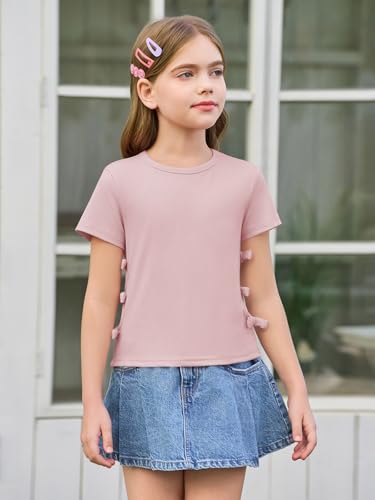 Image of Haloumoning Girls Short Sleeve Shirts Kids Summer Casual Side Bow Knit Tops Tees 5-14 Years