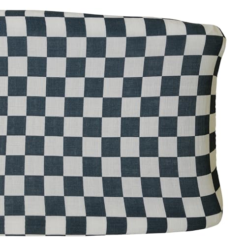 Image of Mebie Baby Changing Pad, Charcoal Checkered, 100% Muslin Cotton Changing Table Pad Cover for Baby Boy and Girl, Designer Nursery Decor Covers, Diaper Changing Pad Cover for Changing Station