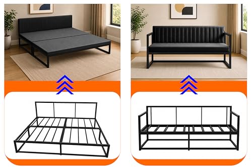 Image of Metal Sofa Cum Bed for Living Room | Modern Industrial Design Metal Frame 3 Seater Sofa Bed for Home, Office & Lounge-Black