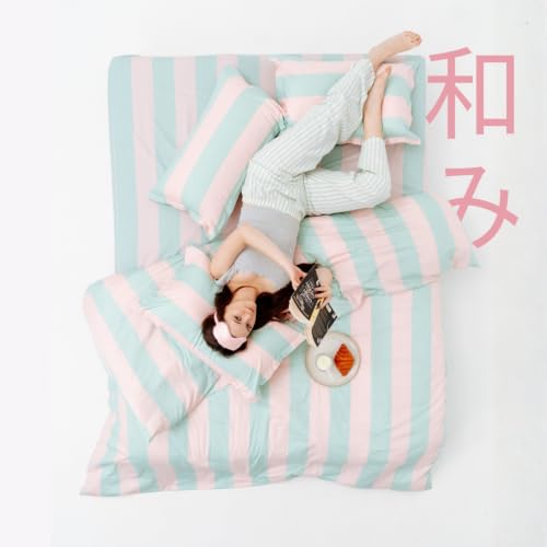 Image of Haus & Kinder Double Bed Bedsheet 90 x 100 | 186 TC Pure Cotton Bed Sheet Double Bed with 2 Pillow Covers | Queen Size Bed Sheet | Nagomi Stripe Harmony & Tranquility