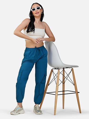 Image of fabcoast Multi-Pocket Cargo Cotton Poplin Jogger Pants for Women Summer Wear Full Elastic with Drawstring and 2 Side Pockets, 2 Back Pockets and 2 Leg Pockets