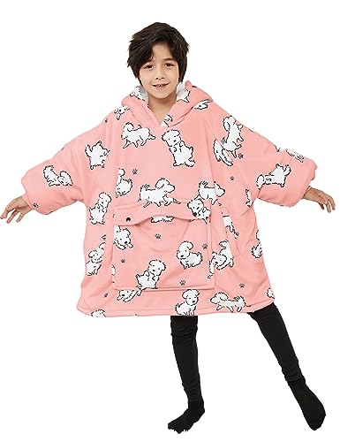 Image of KFUBUO Wearable Blanket Hoodie for Kids With Pocket, 6-10 Year Old, Dog | Sherpa, Heavy Material, Oversized Sweatshirt Blanket, Kids Blanket, Girl Boy Gifts, Hooded Blanket Kids, Cozy Gifts for Kids