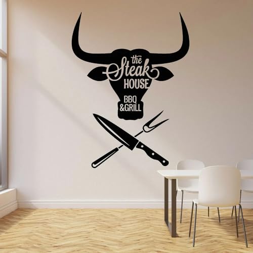 TUOQIANNAN Abnehmbarer Wandaufkleber – Bullenkopf-Logo mit Grillwerkzeug-Design für Bars, Grills und Küchen, schwarzer Vinyl-Wandaufkleber 42 x 55 cm TUOQIANNAN Abnehmbarer Wandaufkleber – Bullenkopf-Logo mit Grillwerkzeug-Design für Bars, Grills und Küchen, schwarzer Vinyl-Wandaufkleber 42 x 55 cm