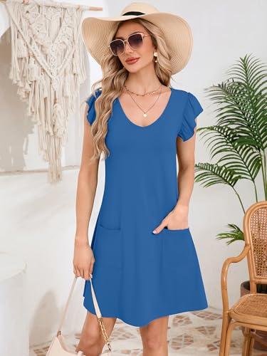 DEARCASE Womens Summer T-Shirt Dresses V Neck Elegant Classy Ruffle Sleeve A-line Tunic Dress 2026 with Pockets Dark Blue Medium — view 2