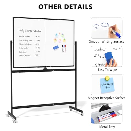 Image of Large Rolling Whiteboard on Wheels, 48 inch x 36 inch Double-Sided Mobile White Board with Stand, 4' x 3' Portable Standing Magnetic Dry Erase Board Easel for Home Office Classroom School, Black