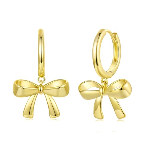 MUNDELL 14K Gold Plated Solid 925 Sterling Silver Post Bow Drop Earrings | Dainty Bowknot Hypoallergenic Earring for Women Fine Jewelry