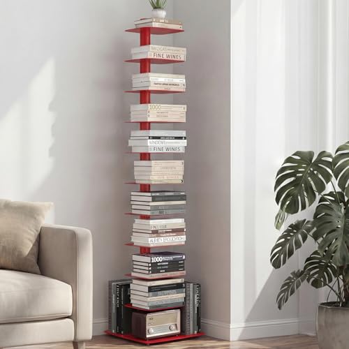 Suchtale 11-Tier Spine Bookshelf Tower,Tall Vertical Book Organizer,Metal Floor Standing Bookshelf for Small Spaces,Narrow Bookcase for Living Room,Bedroom & Office,Adjustable Shelf Directions,Red