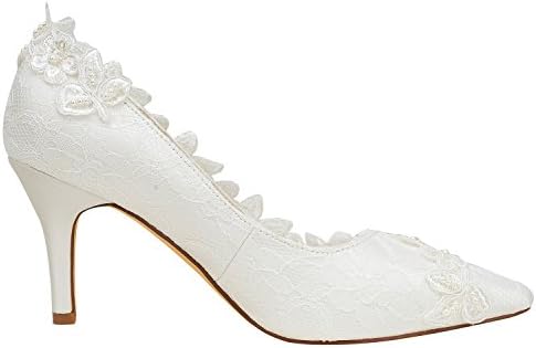 Emily Bridal 18353-1E Women's Wedding Shoes Pointed Toe 3.15 Inches Stiletto Heel Lace Satin Pumps with Imitation Pearl Lace Flower Bridal Shoes (EU39/8 B(M) US, Ivory) | Image 2