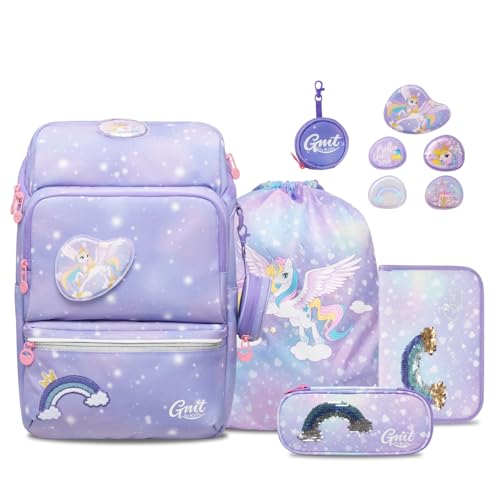 GMT for Kids Schulranzen Set 6-teilig - Ergonomische Ultraleichte Schultasche Mädchen Junge Kinder Schulrucksack für 1-6 Klasse 22 L- Einhorn