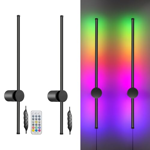 RGB LED Wall Sconces Set of Two with Remote, 15 Color Modes, Dimming, DIY 180° Rotate, Black Plug in Wall Sconces with Warm Light, Dynamic Multicolor Ambience Lights, Plug in Wall Light, 23.6 Inches