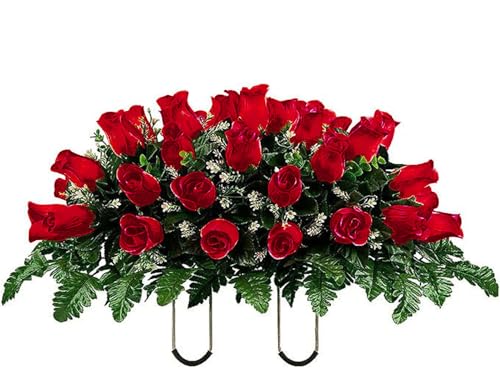 Large Artificial Roses Cemetery Flowers - Realistic - Outdoor Grave Decorations - Non-Bleed Colors - Saddle for Headstone,Outdoor Tombstone Memorial Decorations, Easy Fit (Red) image 5