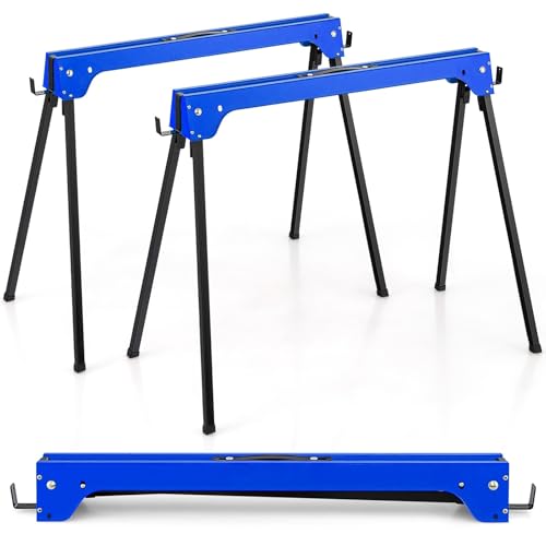 Image of TANGZON Folding Saw Horses Twin Pack, 2PCS Heavy Duty Workbench Metal Trestle Stands with Anti-Slip Top & Handle, Portable Sawhorses Pair, Each Sawhorse Supports Up to 227KG (Blue)